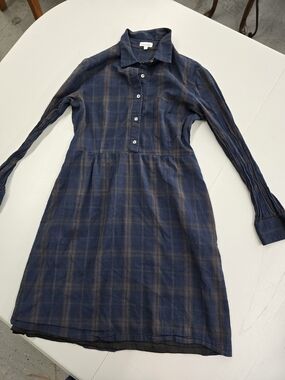 Steven Alan Navy and Brown Plaid Long-Sleeve Shirt Dress